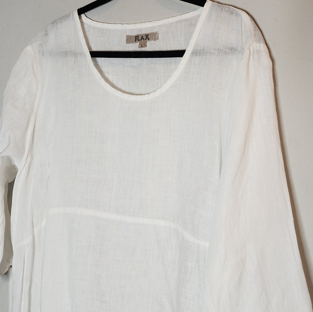 Flax White Linen tunic long sleeve top. Pocket. Button side. Size large. - Picture 8 of 16
